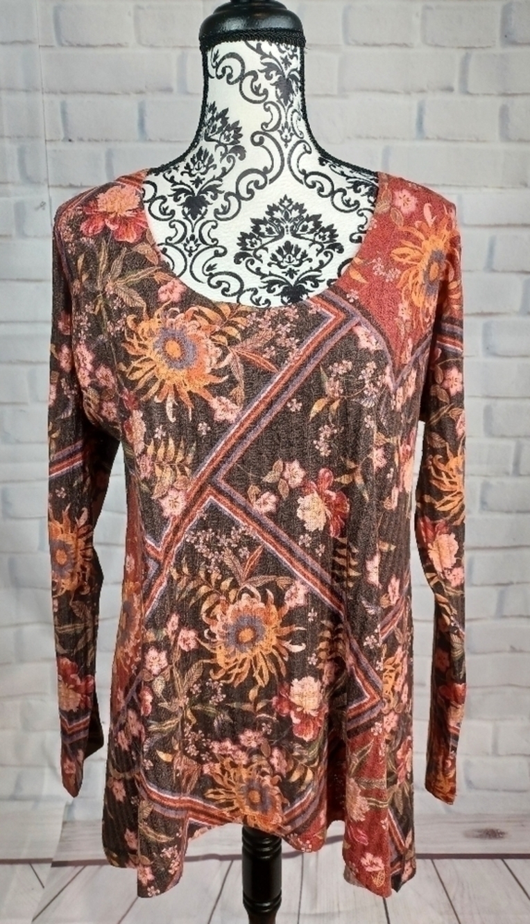 Soft Surroundings women's long sleeve stretch knit floral print top size PM b8
